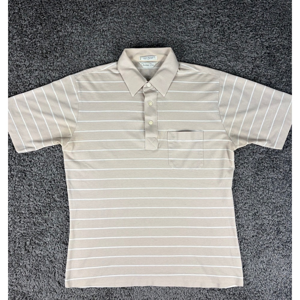 Vintage Christian Dior Mens Striped Polo Shirt Large Tan Beige Short Sleeve L